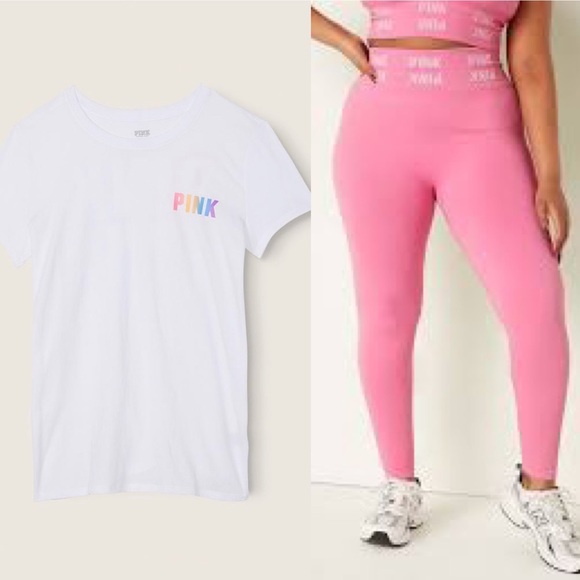 VS Pink Perfect Tee Optic White Rainbow Gradient & Dreamy Pink Seamless Leggings - Picture 9 of 10